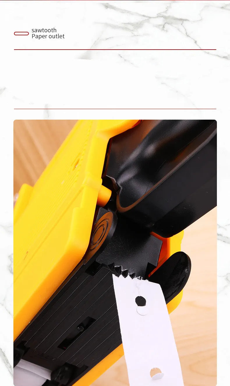 Manual supermarket price coding machine in blue, red, or yellow with roller and paper rolls.