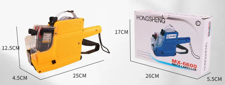 Manual supermarket price coding machine in blue, red, or yellow with roller and paper rolls.