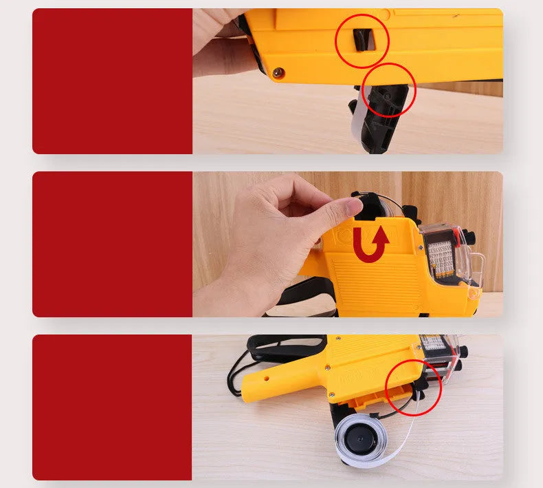Manual supermarket price coding machine in blue, red, or yellow with roller and paper rolls.