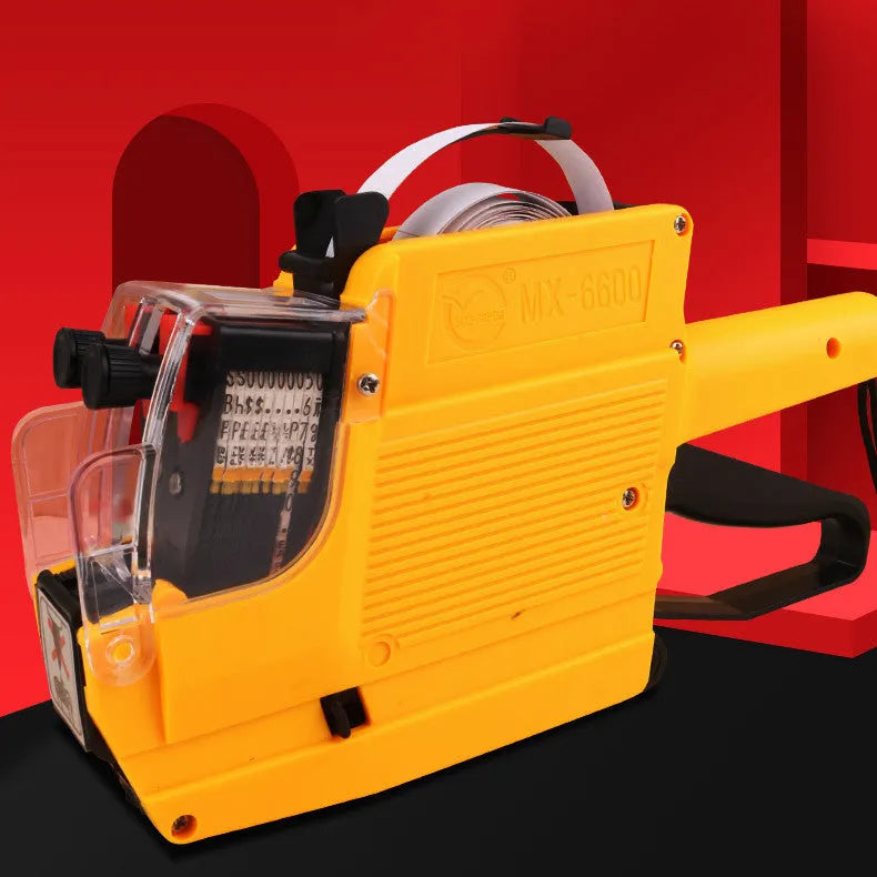 Manual supermarket price coding machine in blue, red, or yellow with roller and paper rolls.