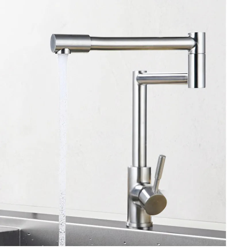 Silver stainless steel kitchen tap with a single lever and a 360-degree rotating spout.