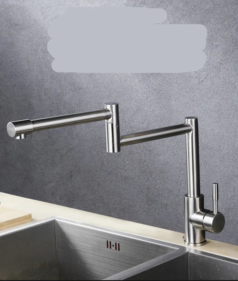 Silver stainless steel kitchen tap with a single lever and a 360-degree rotating spout.