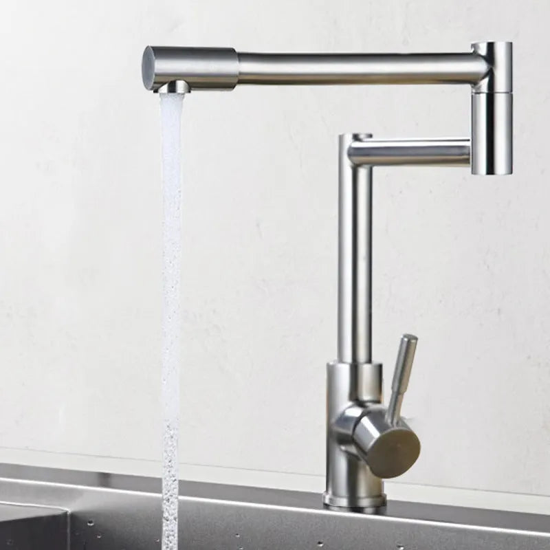 Silver stainless steel kitchen tap with a single lever and a 360-degree rotating spout.