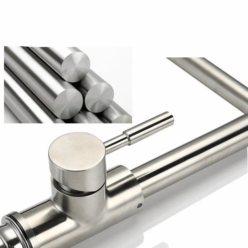 Silver stainless steel kitchen tap with a single lever and a 360-degree rotating spout.