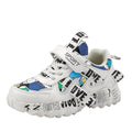Kids blue and red sports sneakers with Velcro strap, shown on a white background.