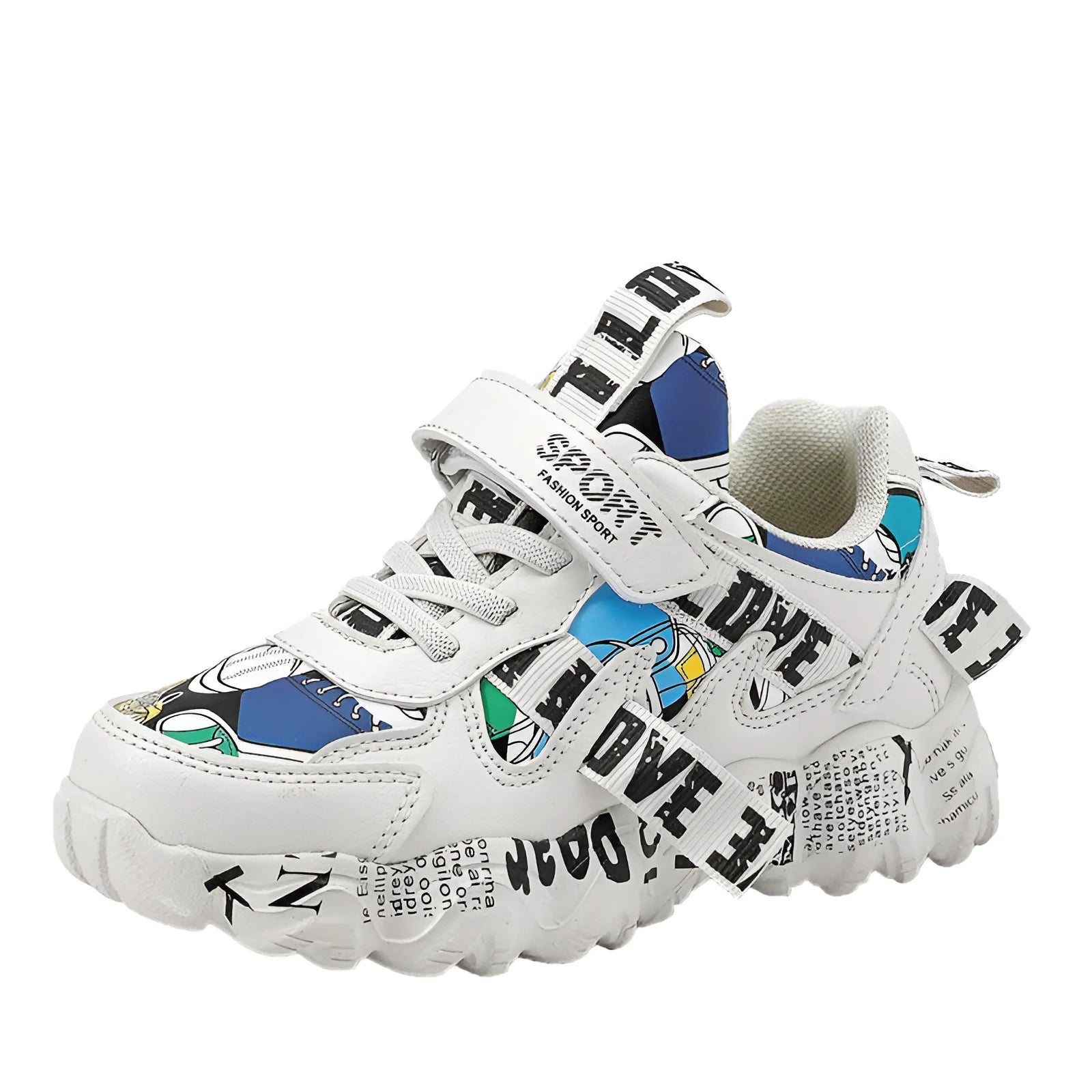 Kids blue and red sports sneakers with Velcro strap, shown on a white background.