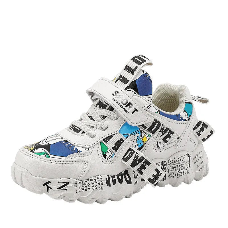 Kids blue and red sports sneakers with Velcro strap, shown on a white background.