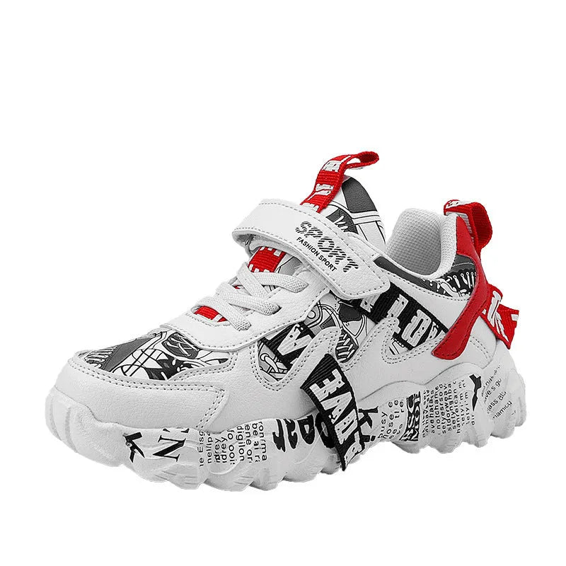 Kids blue and red sports sneakers with Velcro strap, shown on a white background.