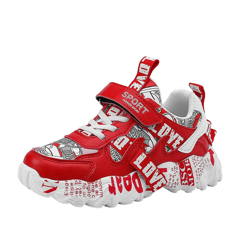 Kids blue and red sports sneakers with Velcro strap, shown on a white background.