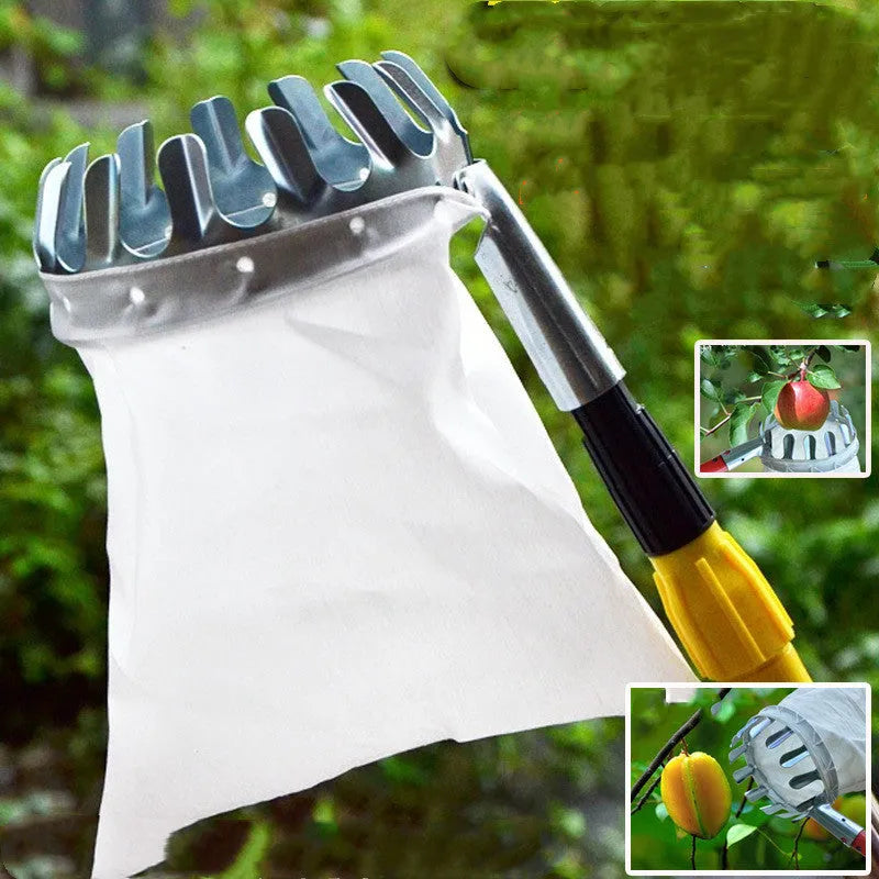Steel fruit picker with attached cloth bag catcher for garden harvesting