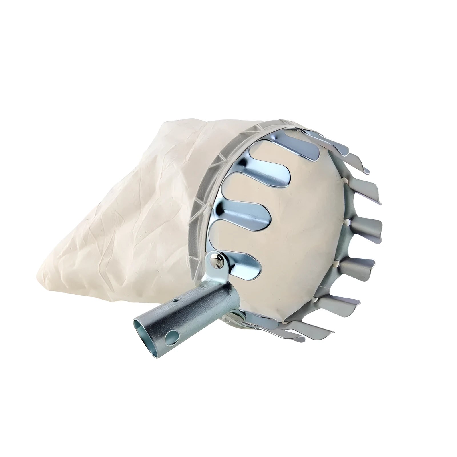 Steel fruit picker with attached cloth bag catcher for garden harvesting