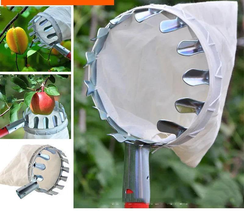 Steel fruit picker with attached cloth bag catcher for garden harvesting
