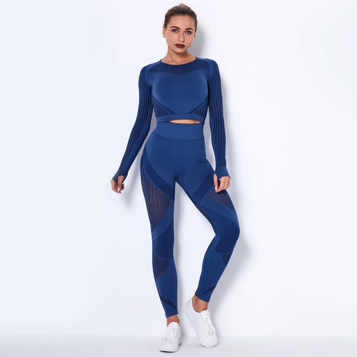 Women's long-sleeved seamless knitted yoga wearsuit in a black stripe pattern