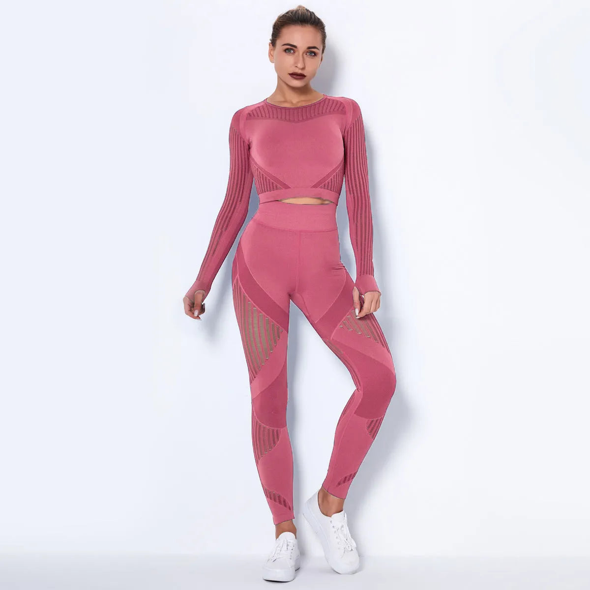 Women's long-sleeved seamless knitted yoga wearsuit in a black stripe pattern