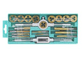 20-piece metric tap and die set with wrench tool in silver or titanium-plated finish
