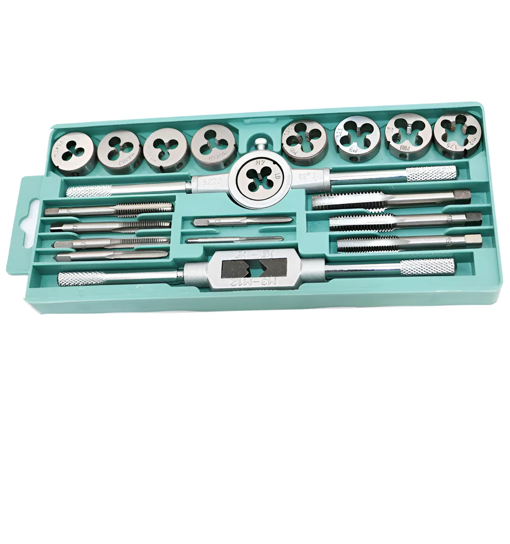 20-piece metric tap and die set with wrench tool in silver or titanium-plated finish