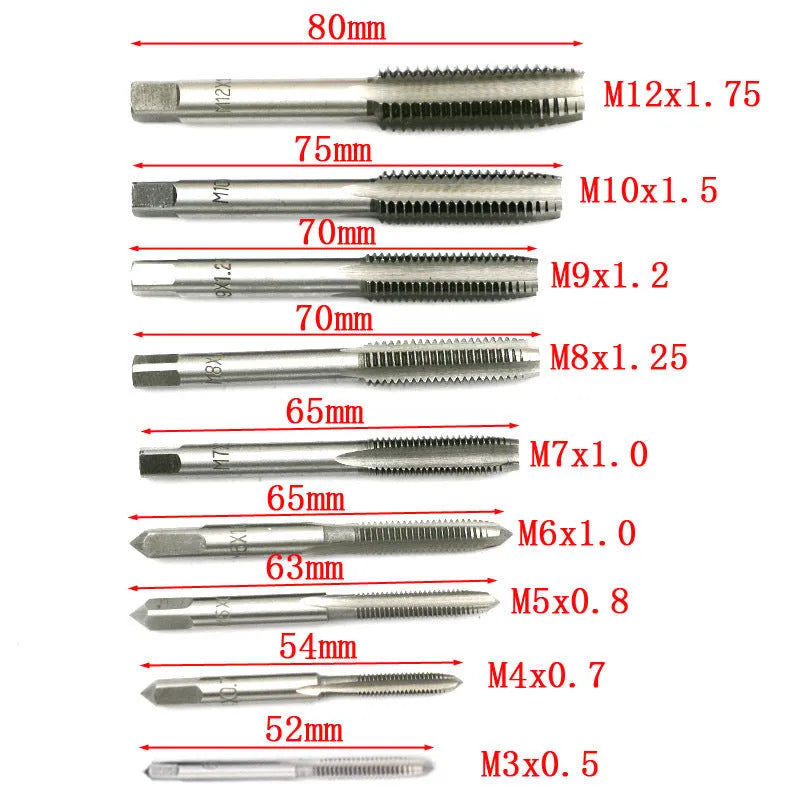 20-piece metric tap and die set with wrench tool in silver or titanium-plated finish