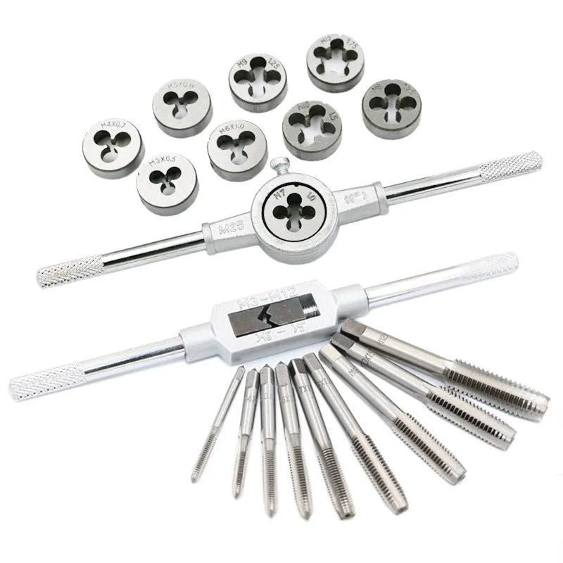 20-piece metric tap and die set with wrench tool in silver or titanium-plated finish