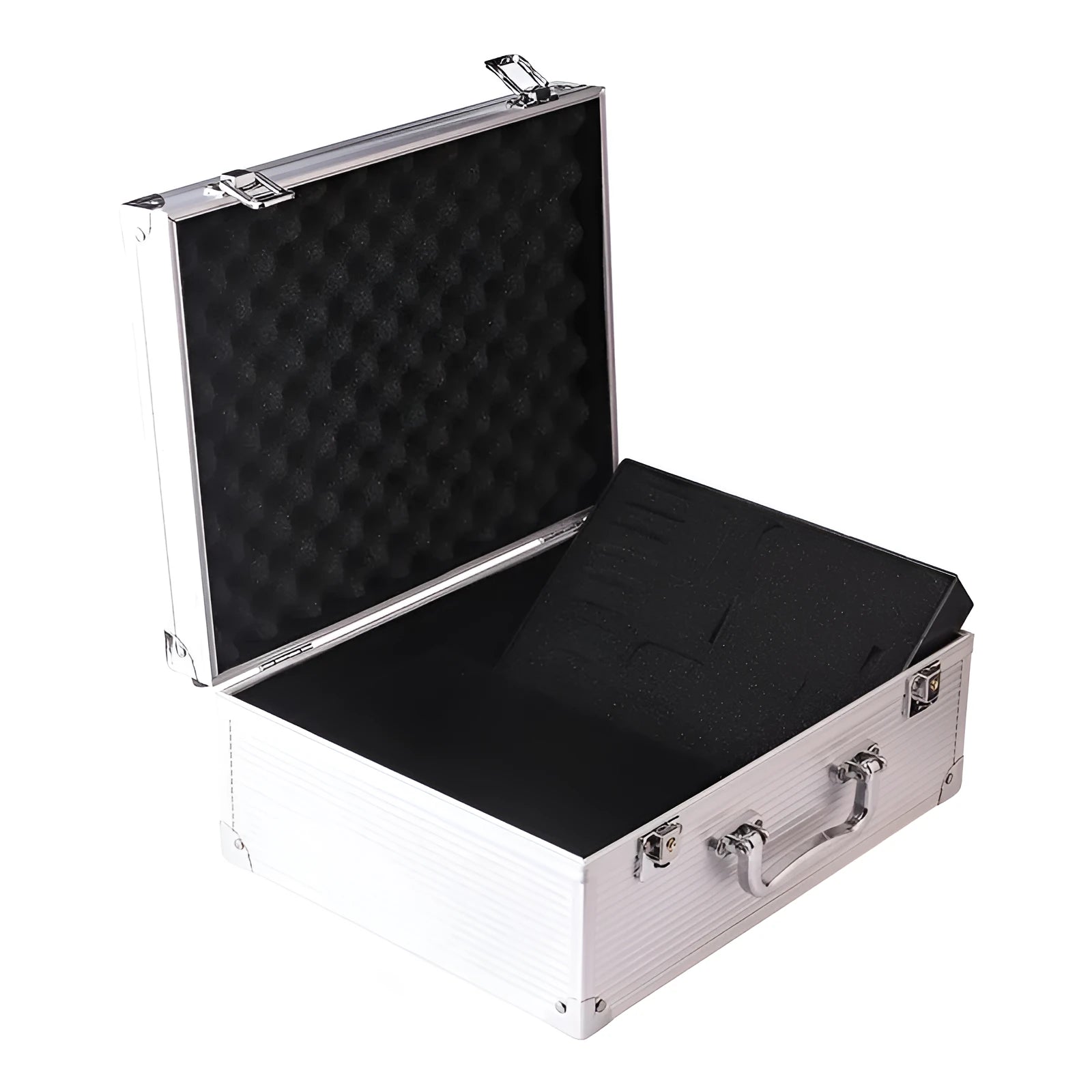 Black aluminium alloy tattoo equipment storage box with lid open