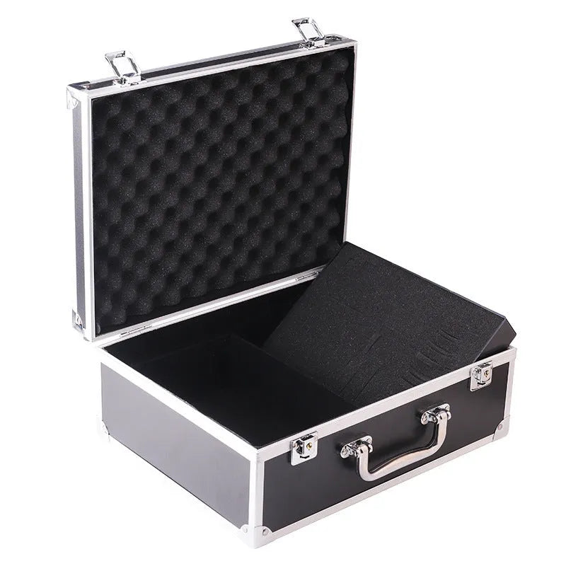 Black aluminium alloy tattoo equipment storage box with lid open