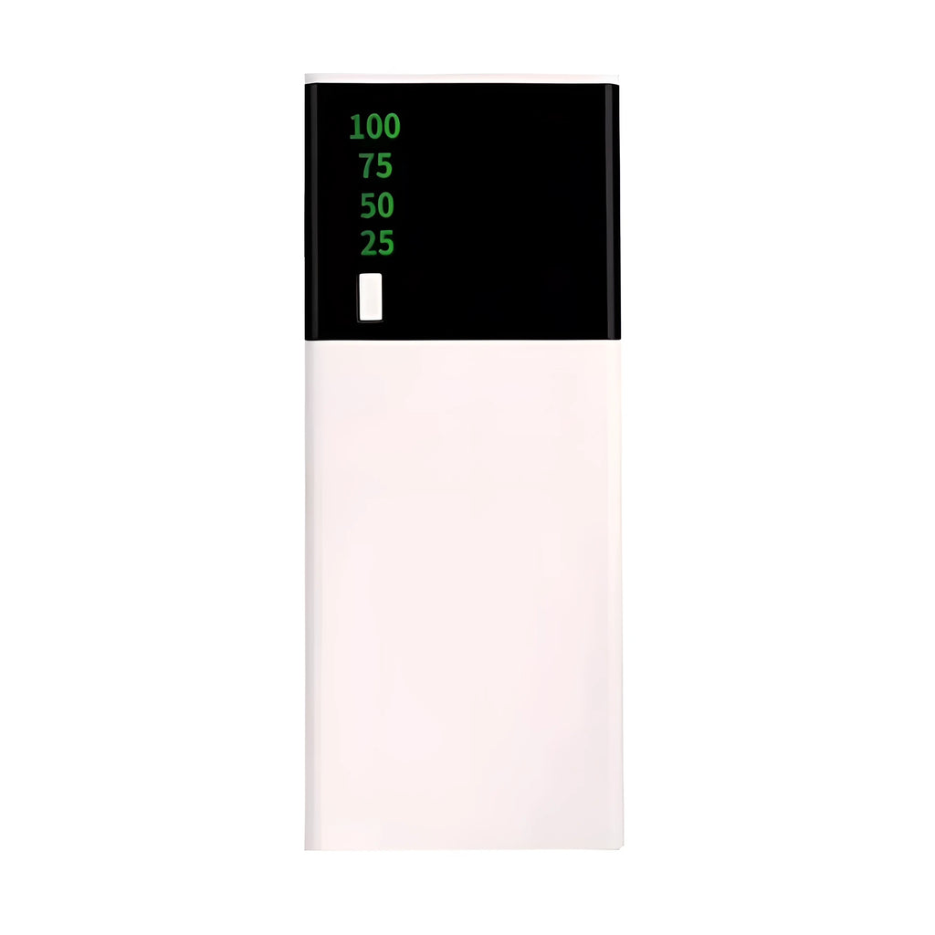 Black 20000mAh power bank with charging cable, dimensions 135mm by 60mm by 20mm