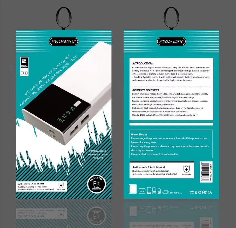 Black 20000mAh power bank with charging cable, dimensions 135mm by 60mm by 20mm