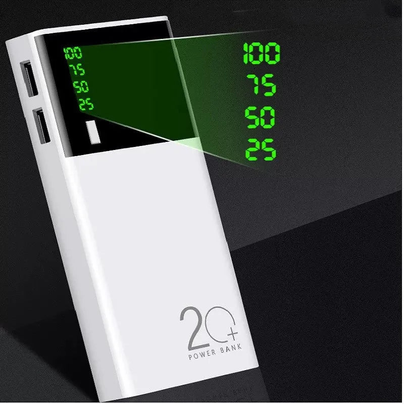 Black 20000mAh power bank with charging cable, dimensions 135mm by 60mm by 20mm