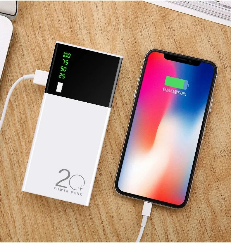 Black 20000mAh power bank with charging cable, dimensions 135mm by 60mm by 20mm