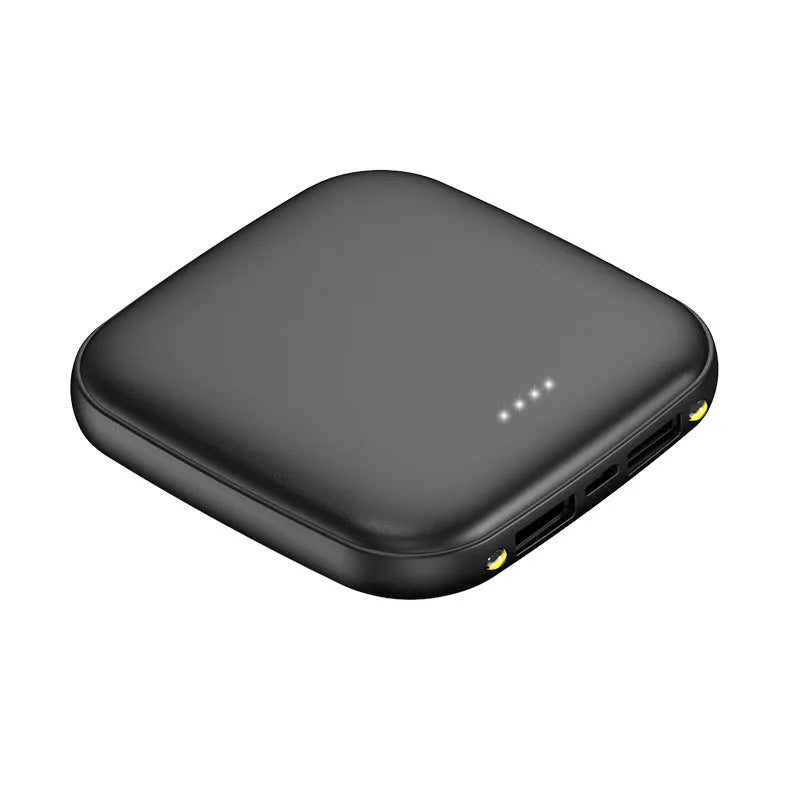 20000mAh mini power bank in plastic case with LED flashlight, measuring 82mm square