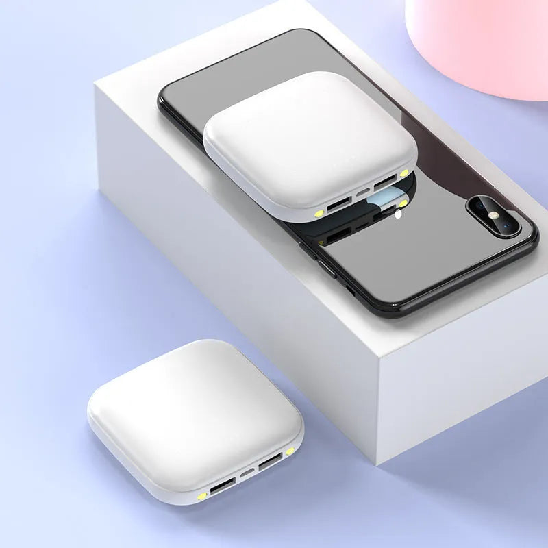 20000mAh mini power bank in plastic case with LED flashlight, measuring 82mm square