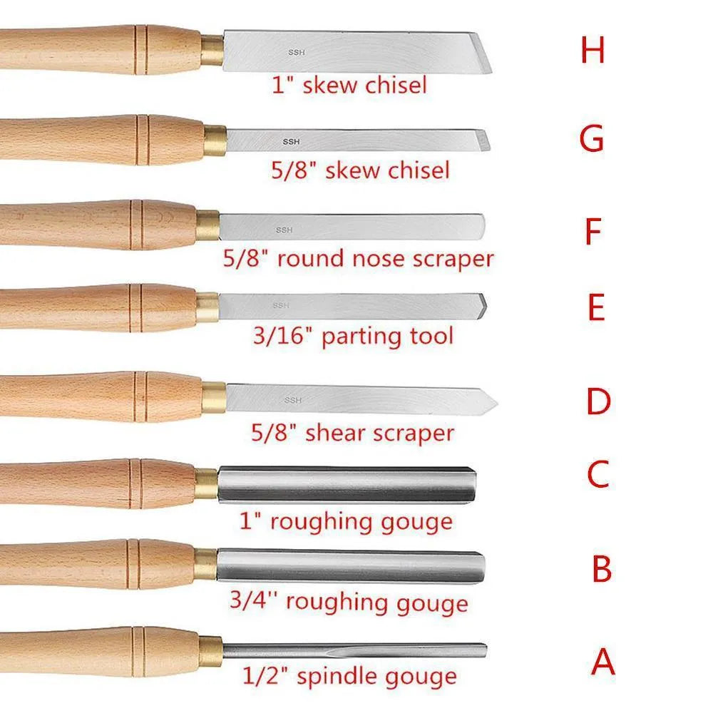 8-piece woodturning tool set in wooden storage box with chrome vanadium alloy steel turning tools