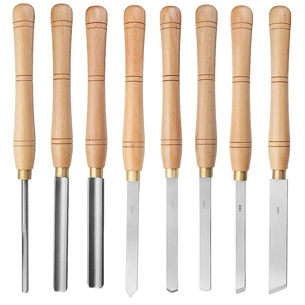 8-piece woodturning tool set in wooden storage box with chrome vanadium alloy steel turning tools