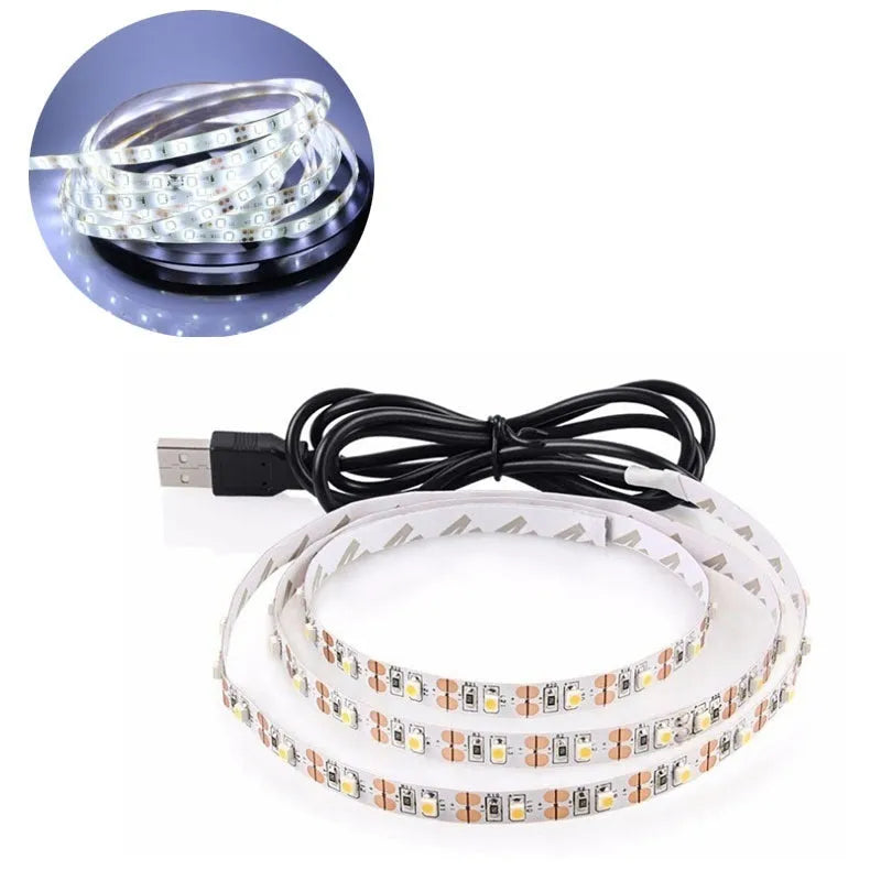 USB-powered LED light strip on a reel showing multiple colour options including white, blue, and red.