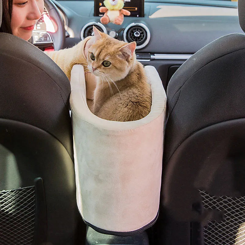 Car safety cat dog bed with adjustable pillow, safety hook, and elastic bands in beige cloth on car seat