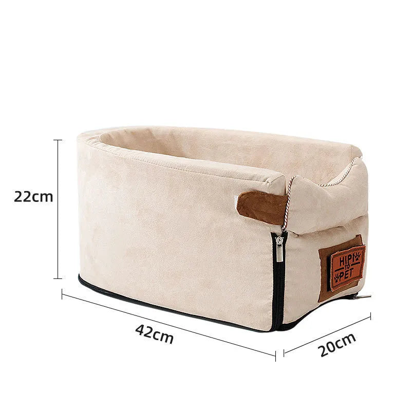 Car safety cat dog bed with adjustable pillow, safety hook, and elastic bands in beige cloth on car seat
