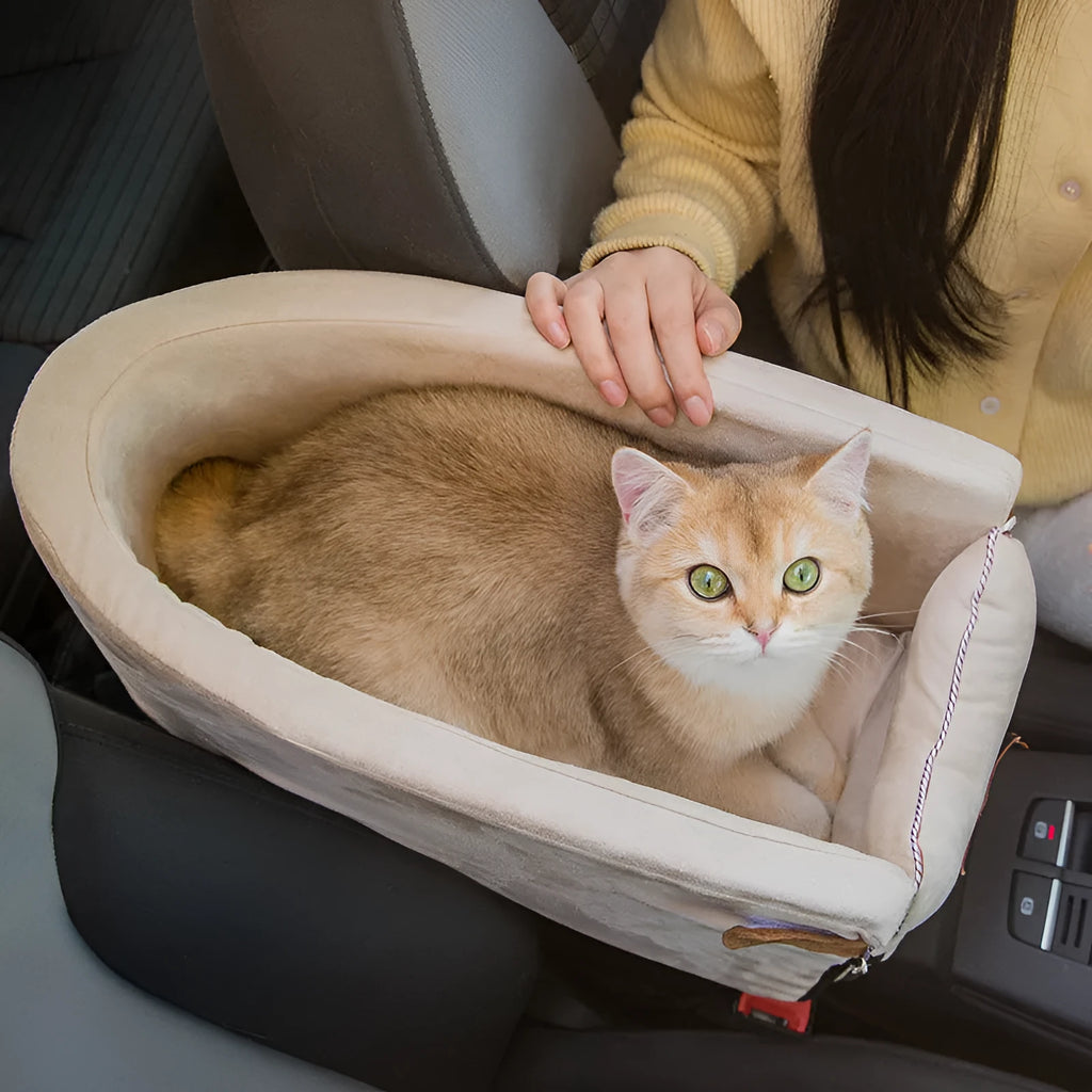 Car safety cat dog bed with adjustable pillow, safety hook, and elastic bands in beige cloth on car seat