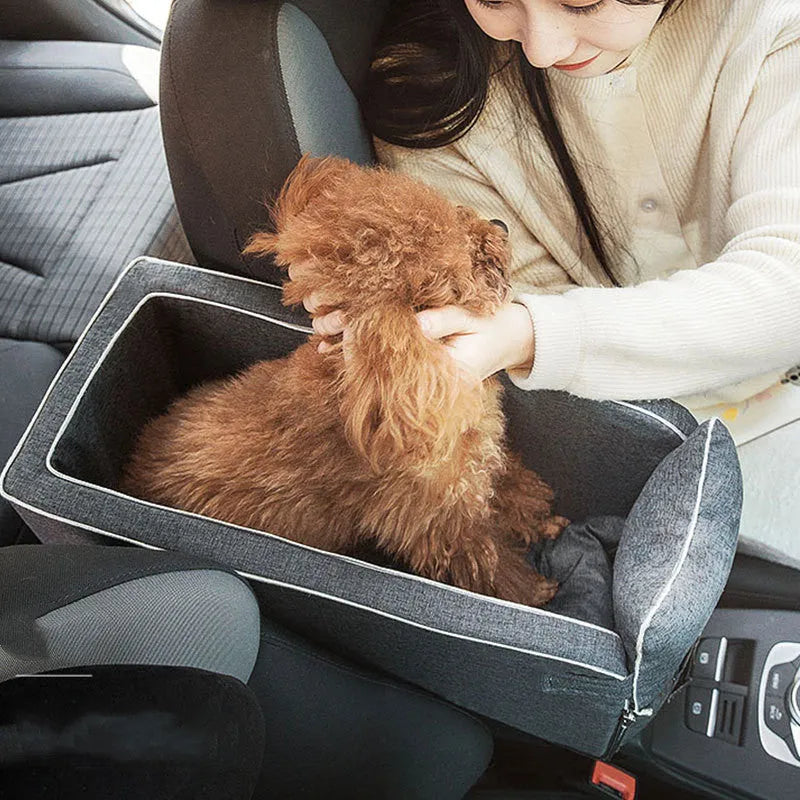 Car safety cat dog bed with adjustable pillow, safety hook, and elastic bands in beige cloth on car seat