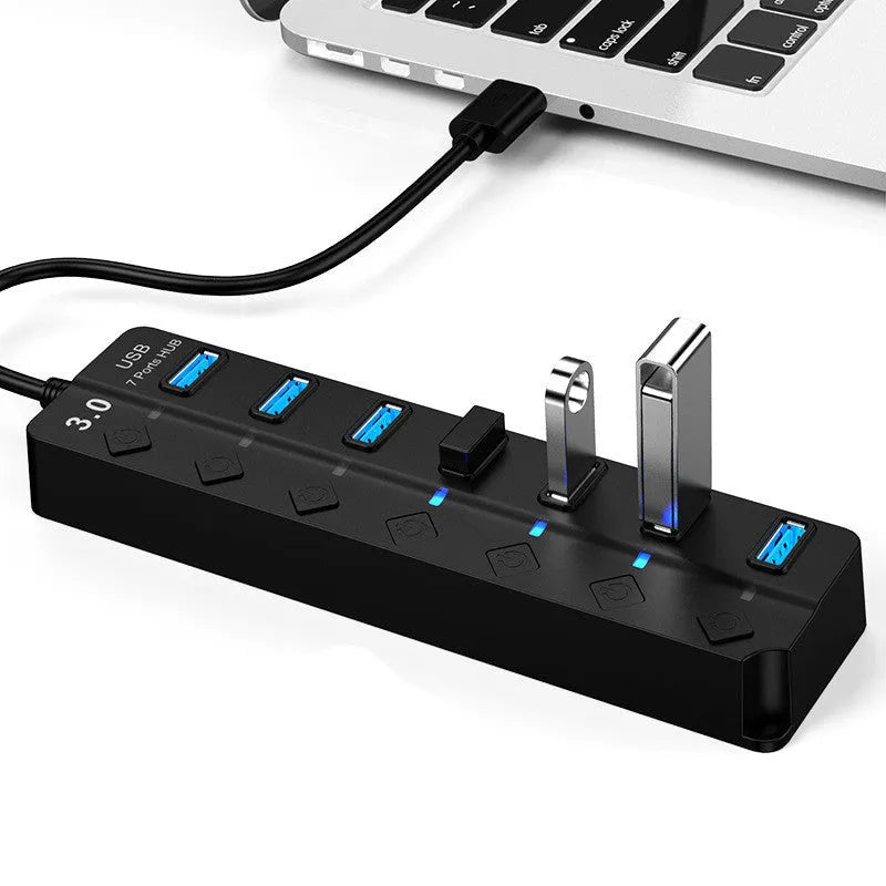 Black 7-port USB 3.0 hub with external power adapter