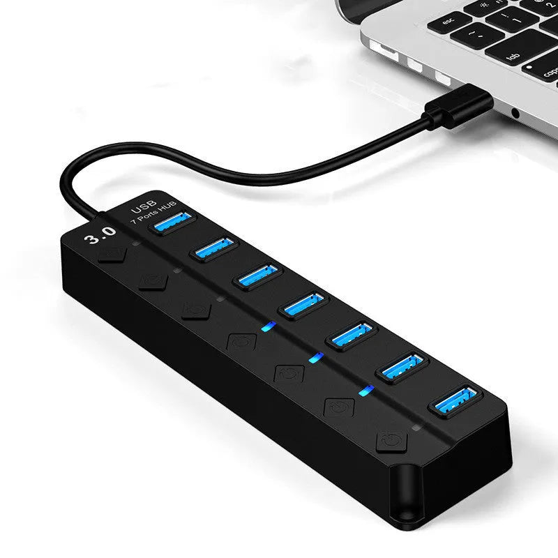 Black 7-port USB 3.0 hub with external power adapter