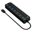 Black 7-port USB 3.0 hub with external power adapter