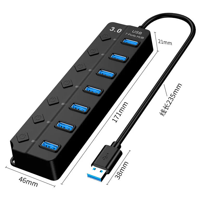 Black 7-port USB 3.0 hub with external power adapter