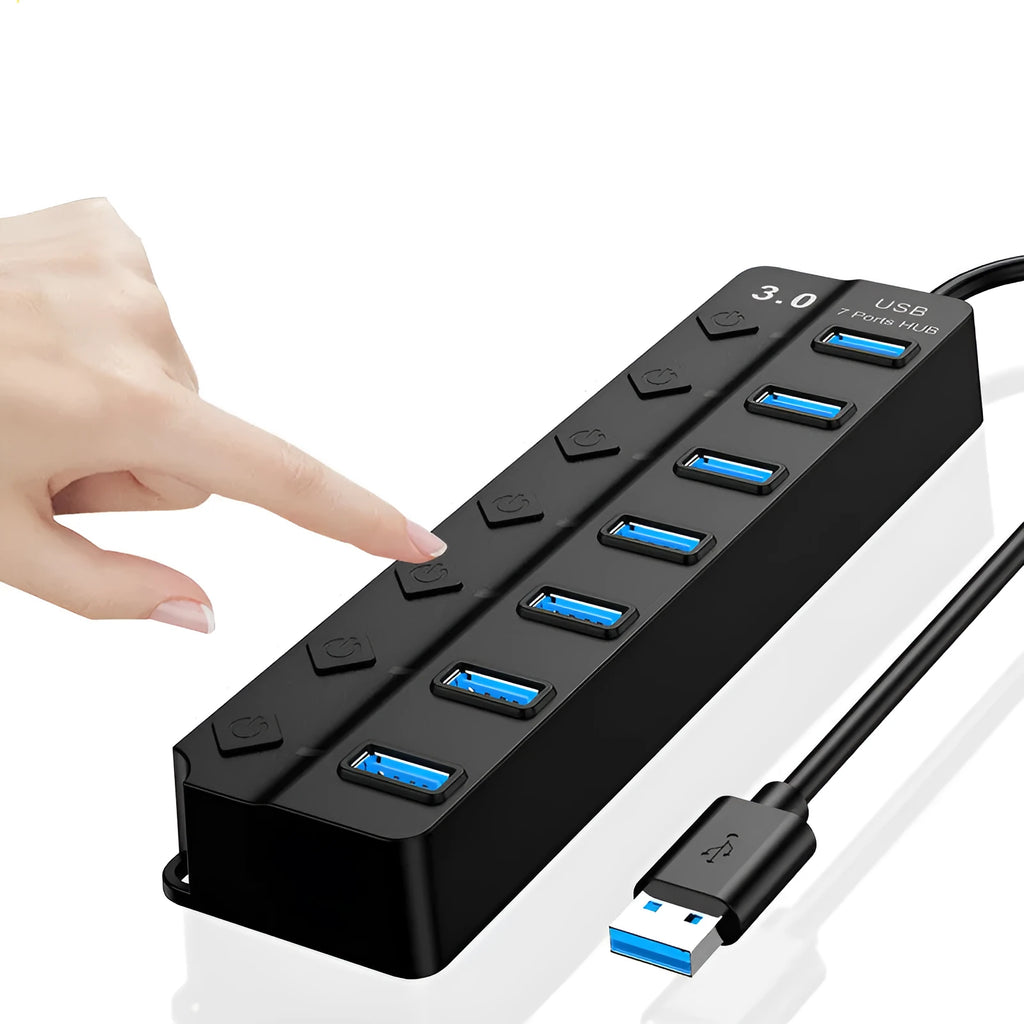 Black 7-port USB 3.0 hub with external power adapter