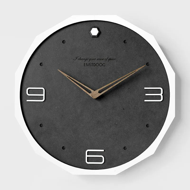 12 inch Nordic minimalist wall clock with perforated Roman numerals on round face with wood frame