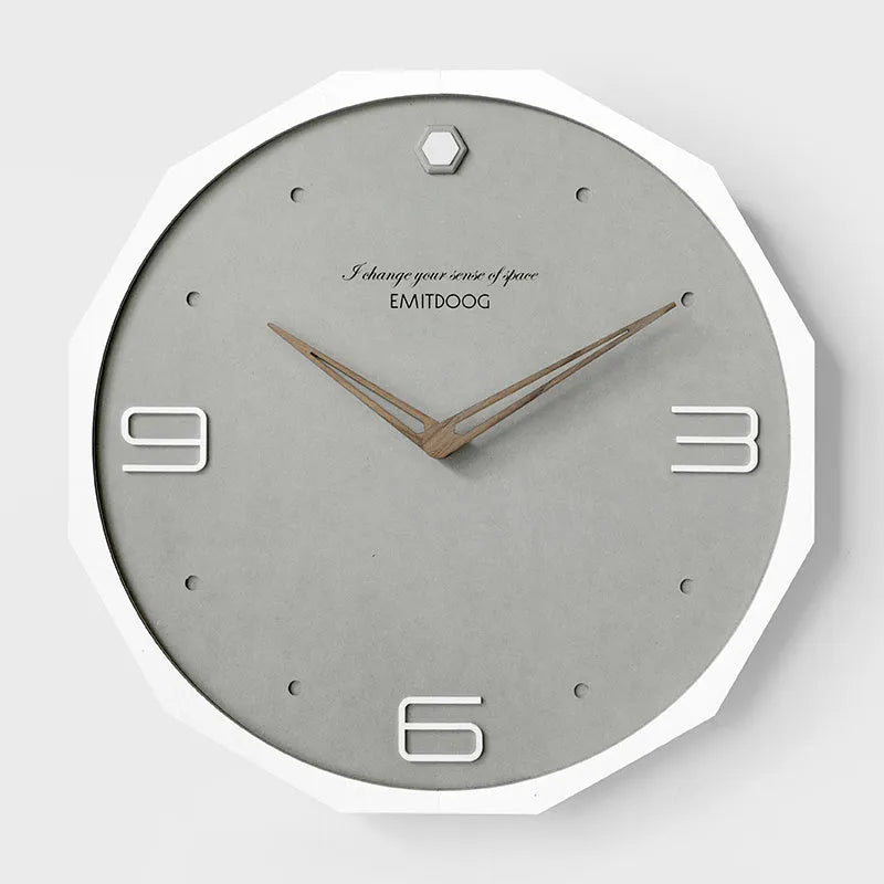 12 inch Nordic minimalist wall clock with perforated Roman numerals on round face with wood frame
