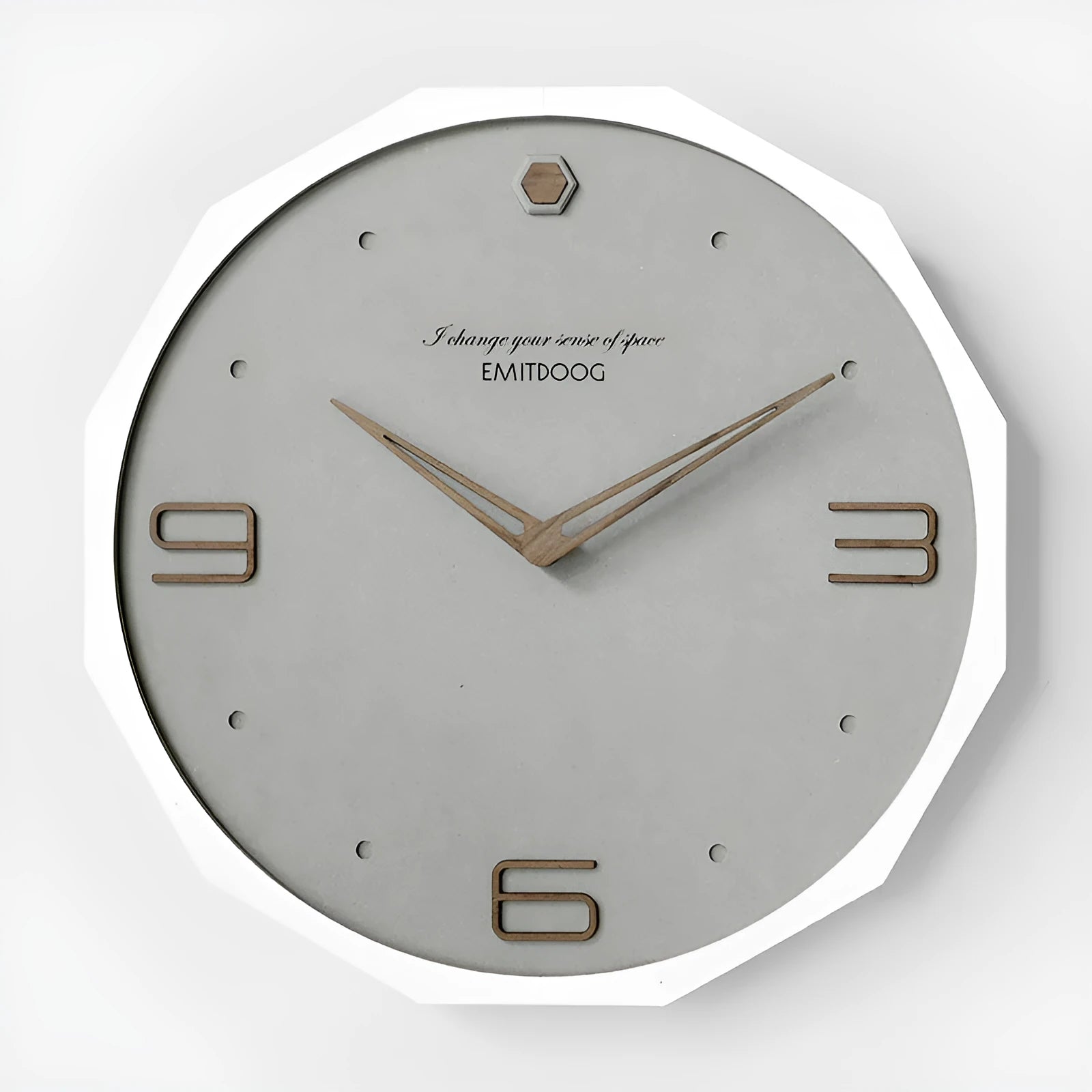 12 inch Nordic minimalist wall clock with perforated Roman numerals on round face with wood frame