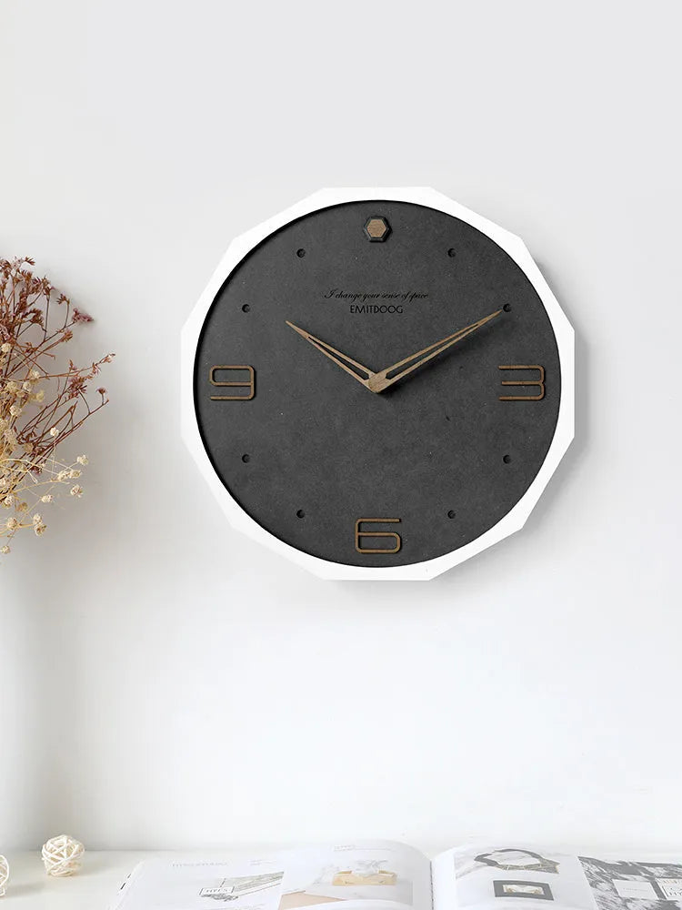 12 inch Nordic minimalist wall clock with perforated Roman numerals on round face with wood frame