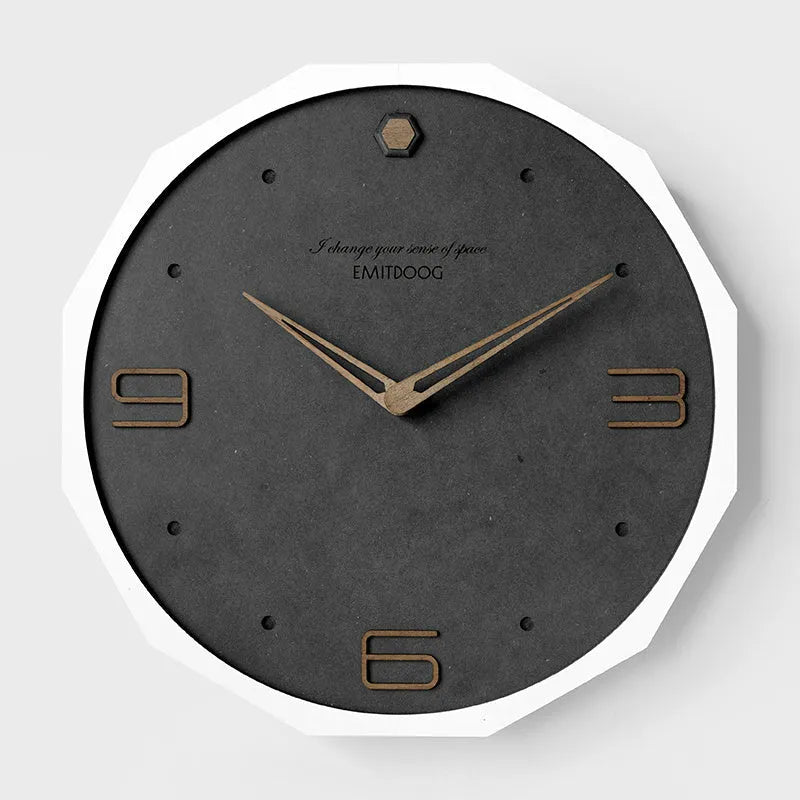 12 inch Nordic minimalist wall clock with perforated Roman numerals on round face with wood frame