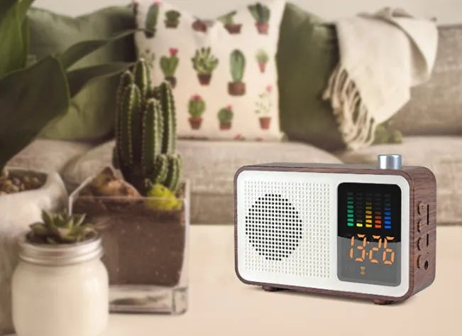 Brown retro Bluetooth radio speaker with wooden cabinet and classic control knobs