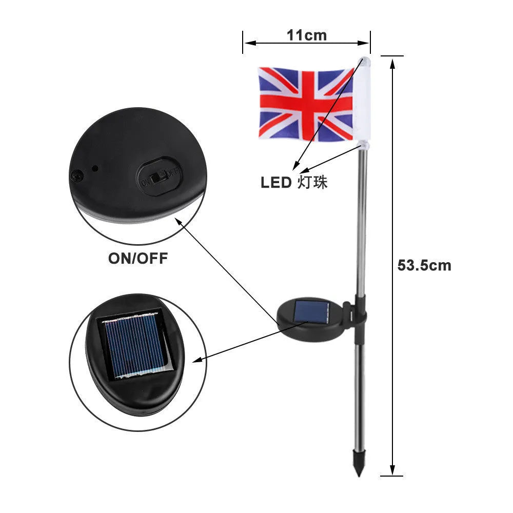 Solar garden flag light with stainless steel pole showing American flag design illuminated at night