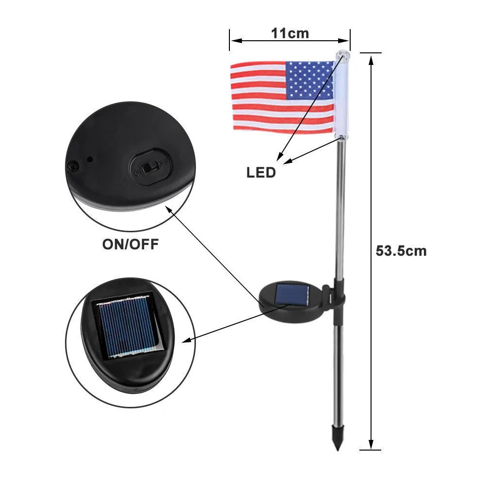 Solar garden flag light with stainless steel pole showing American flag design illuminated at night